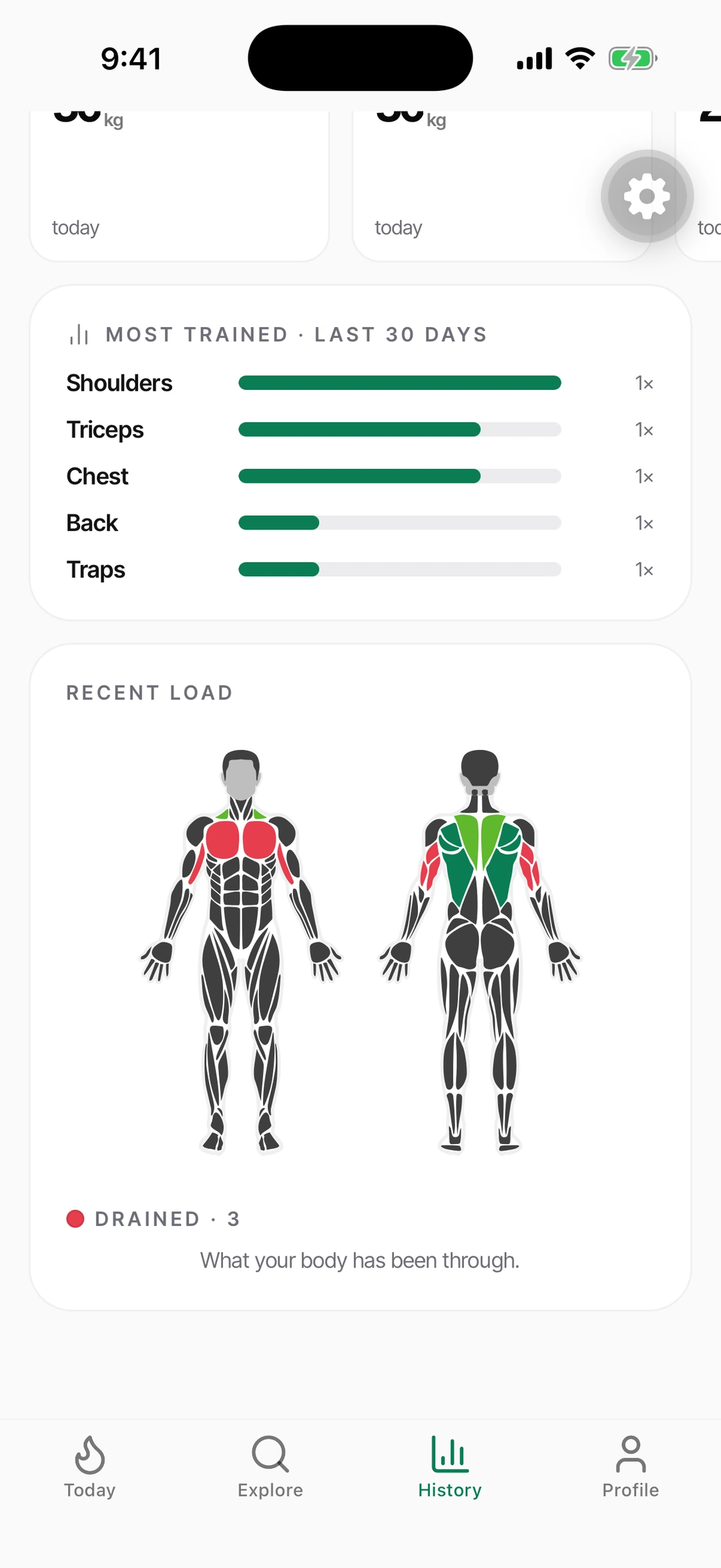 History recovery — full muscle silhouettes showing red drained and green recovered. Real Kettle Muscle screenshot.