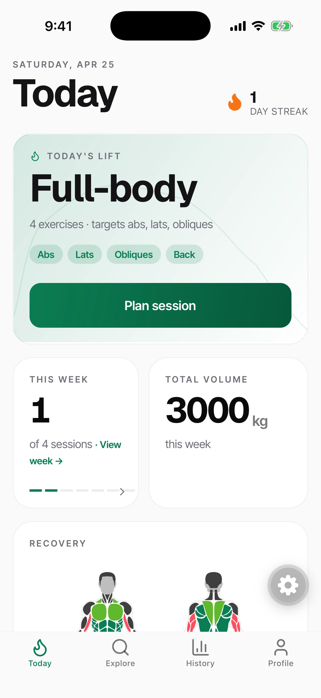Today screen — recovery silhouettes, today’s lift, streak.