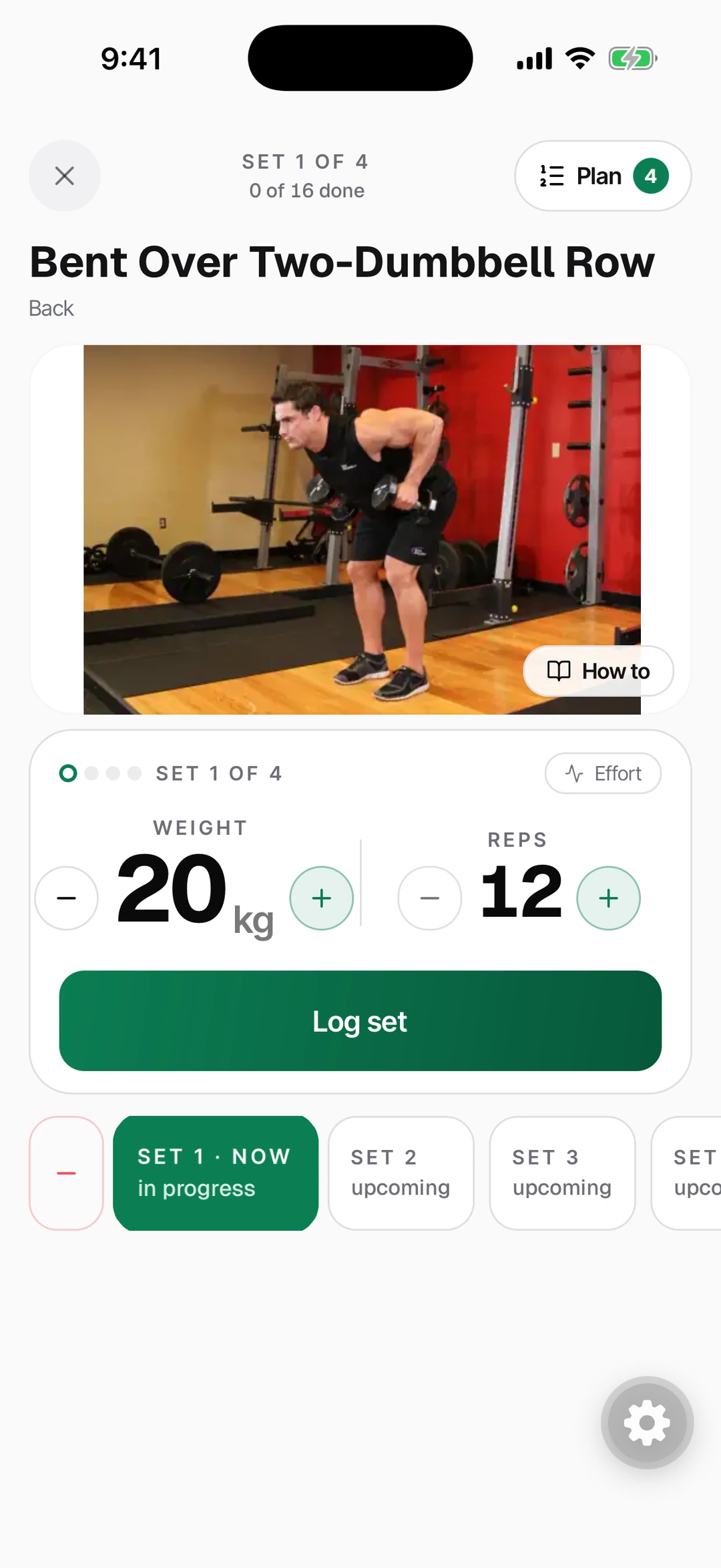 iPhone showing the workout-in-progress screen with weight, reps, and a Log set CTA. Real Kettle Muscle screenshot.